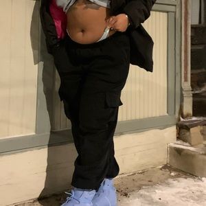 BLACK CARGO PANTS JOGGERS WITH ELASTIC WAIST BAND